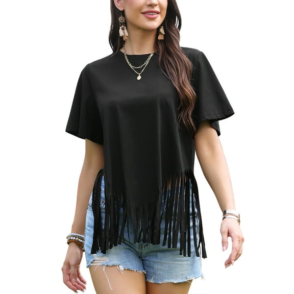 INSPIRE CHIC Fringe Tops for Women's Short Sleeve Crew Neck Solid Casual Tassel t Shirts XS Black