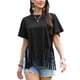 thumbnail image 1 of Camisetas de franjas INSPIRE CHIC para mujer, de manga corta, cuello redondo, lisas, casuales, con borlas, color negro, 1 of 6