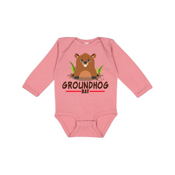 Inktastic Groundhog Day with Cute Groundhog Illustration Boys or Girls Long Sleeve Baby Bodysuit