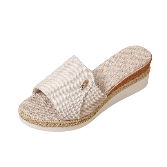 CYMMPU Women's Open Toe Espadrille Wedge Slide Sandals Slip On Casual Shoes with Decorative Strap for Summer Everyday Wear Beige 42