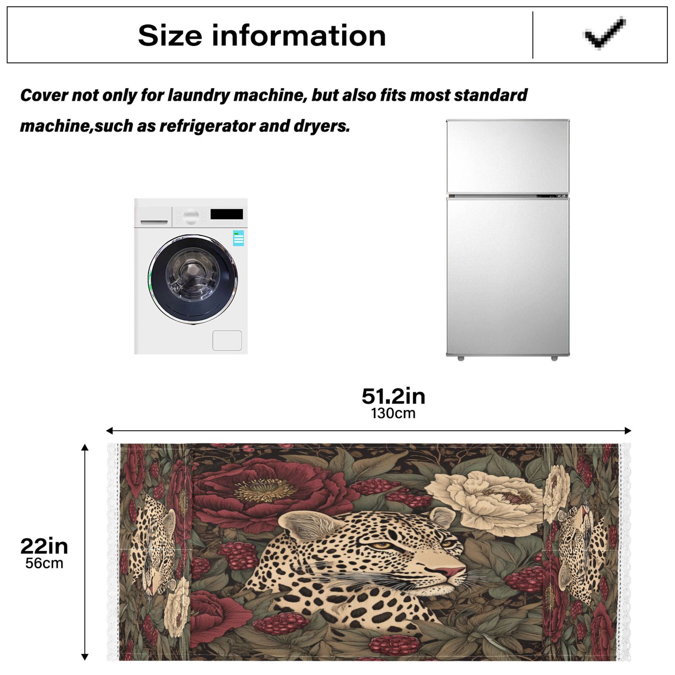 Washing Machine Cover 51.2x22in, Durable Polyester Dust Cover with Lace Trim and Side Pocket for Appliances Roses Leopard