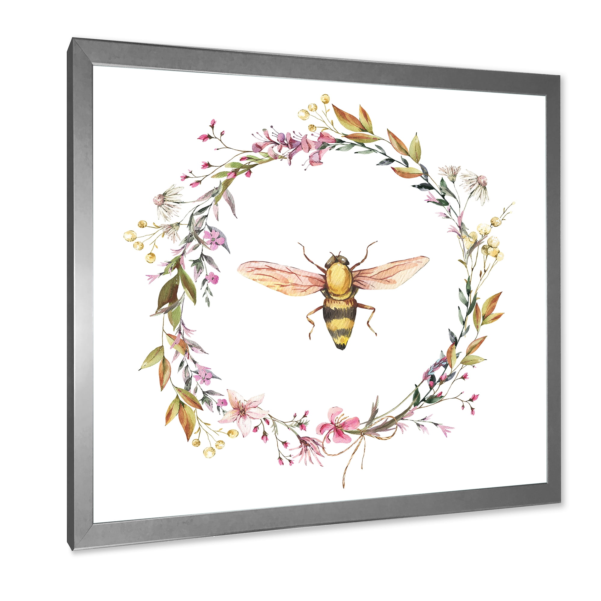 Designart 'Wildflowers Wreath and A Bee' Farmhouse Framed Art Print