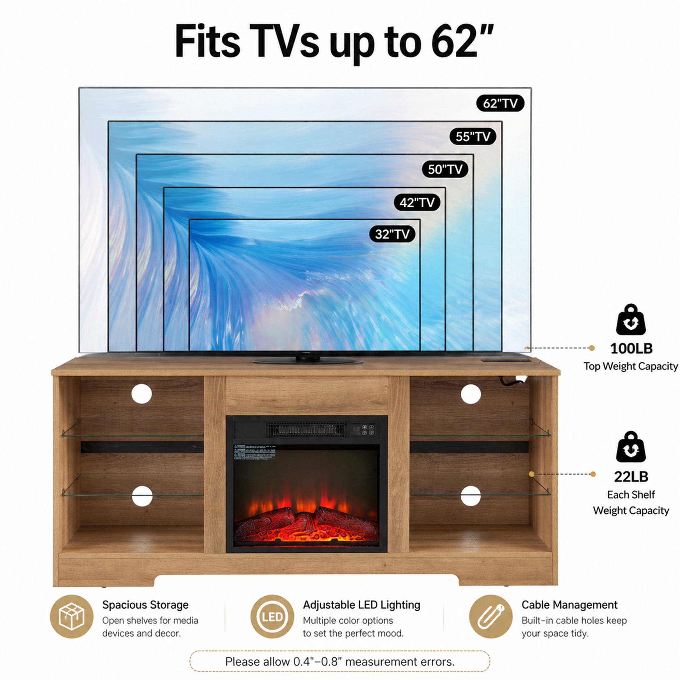 SESSLIFE Fireplace TV Stand, 58" LED Light Entertainment Center with Adjustable Flame Fireplace, Power Outlets & Shelves, Remote & App Control, TV Stand with Fireplace for Living Room, Oak
