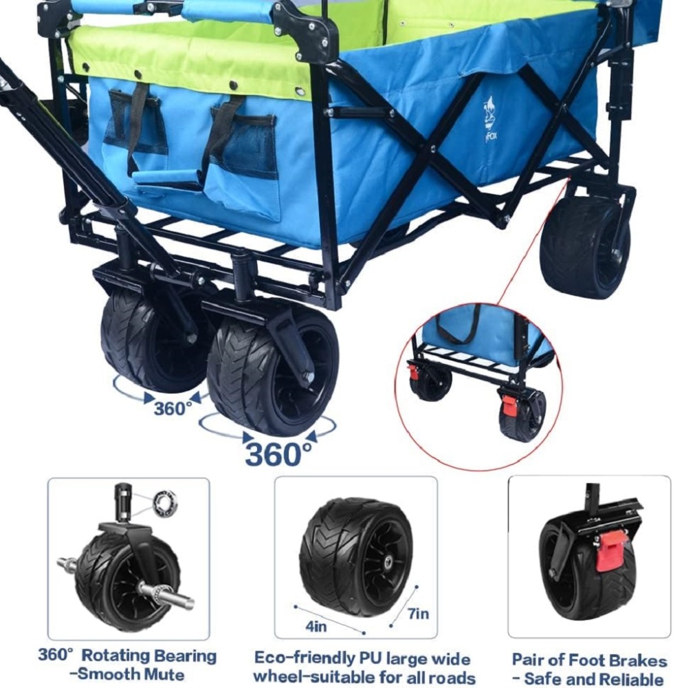 Collapsible Wagon Wagon Cart with Removable Canopy, Heavy Duty Foldable Beach Wagon with  All Terrain Wheels and Brake, Adjustable Push Pull Handle, 220LBS Cooler Bag Utility Carts for Outdoor