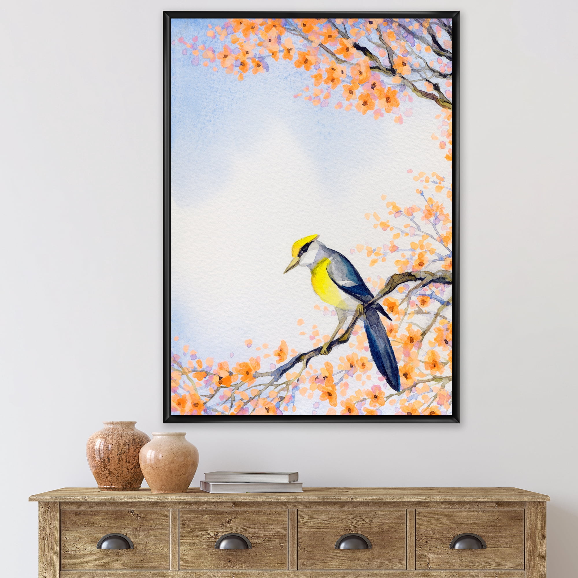 Designart 'Beautiful Blue Bird Sitting On Flowering Branch II' Traditional Framed Canvas Wall Art Print