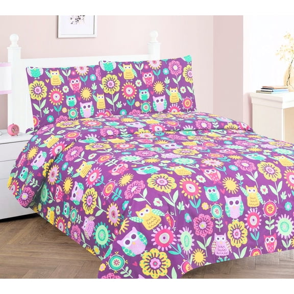 Gorgeous Home Linen Owl Purple New 4Pc Full Colorful Soft & Vibrant Printed Pattern Microfiber Bedding Sheet Set Flat sheet, Fitted sheet, and 2 Pillowcases
