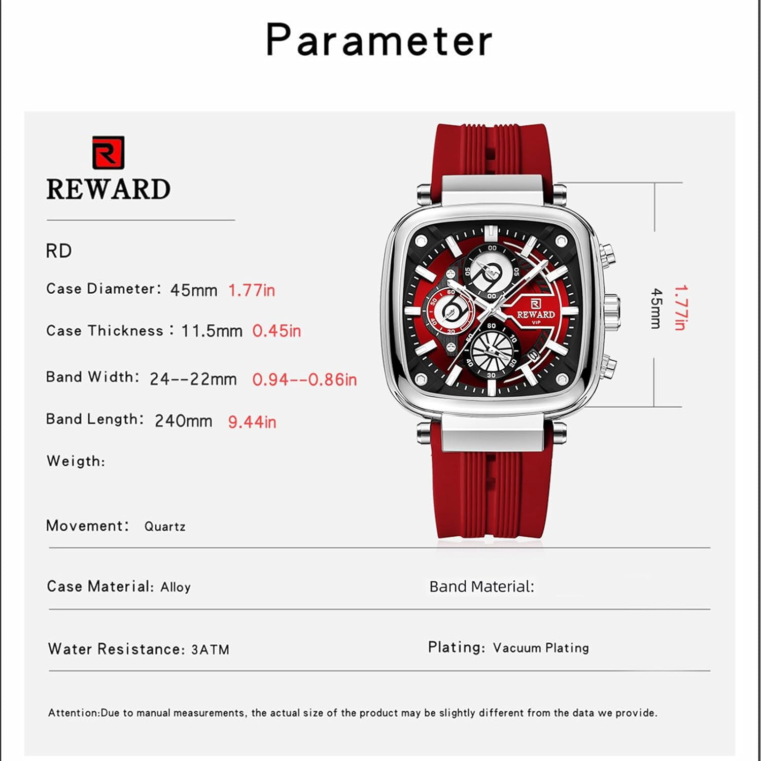 Square Watches for Men Red Silicone Chronograph Fashion Sports Watch Luminous Waterproof Casual Wrist Watches Silver Red