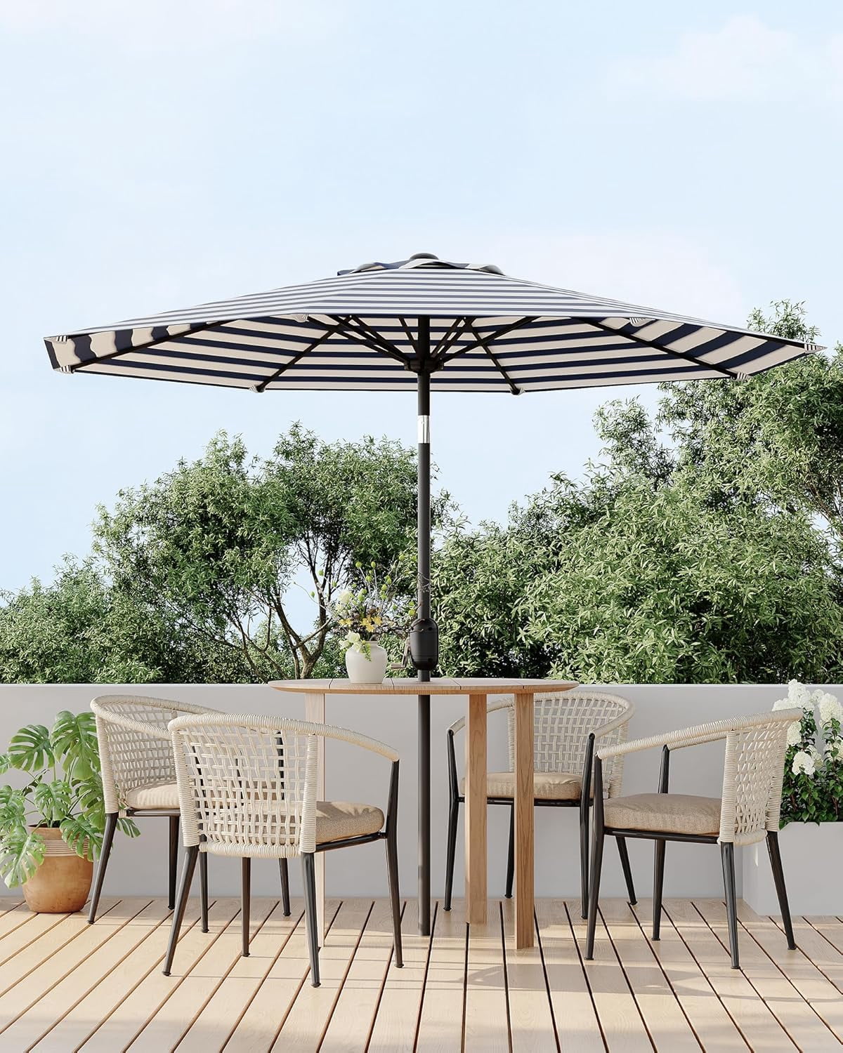 Memoryfield 9FT Outdoor Patio Umbrella with 8 Ribs, Push Button Tilt & Crank, Striped Market Umbrella, UV Protection Waterproof for Pool, Deck, Garden, Black & White