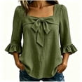 thumbnail image 3 of VBVC Women's Cotton-Linen Bow Blouse , Ladies' Ruffle 3/4 Sleeve Top , Square Neck Shirts For Women,Army Green,S-2XL, 3 of 6