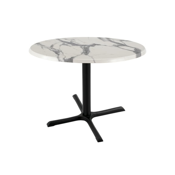 Indoor/Outdoor 30" Tall OD211 Black Table Base with 30" x 30" Foot and 30" Diameter Indoor/Outdoor White Marble Top by the Holland Bar Stool Co.