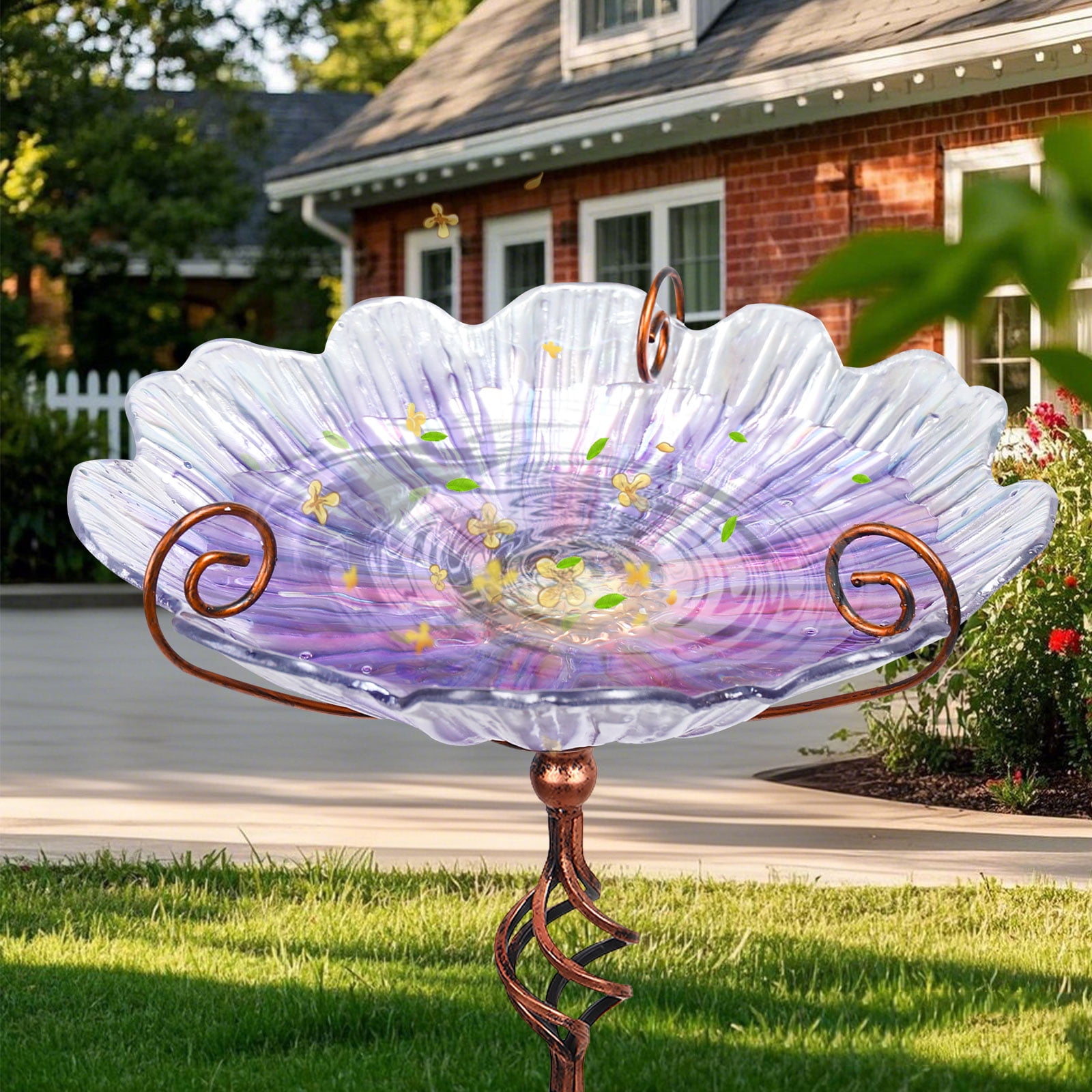 Bird Baths,Glass Birdbath with Metal Stand Purple Flower Birdbath Attracting Birds Suit for Garden Lawn Yard Decor