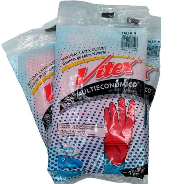 guante de látex para limpieza vitex tripack multieconómicos talla 9 rojo — Vista frontal de tres bolsas selladas con la marca Vitex; cada empaque muestra un par de guantes rojos de látex natural talla 9 para trabajos ligeros de limpieza, empaque con patrón de puntos azules y leyendas de tripack y 2 pares.
