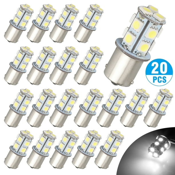 12V 1156 Lot de 20 ampoules LED blanches lumineuses 1156 1141 1003 13-SMD  pour éclairage de camping-car intérieur de voiture 