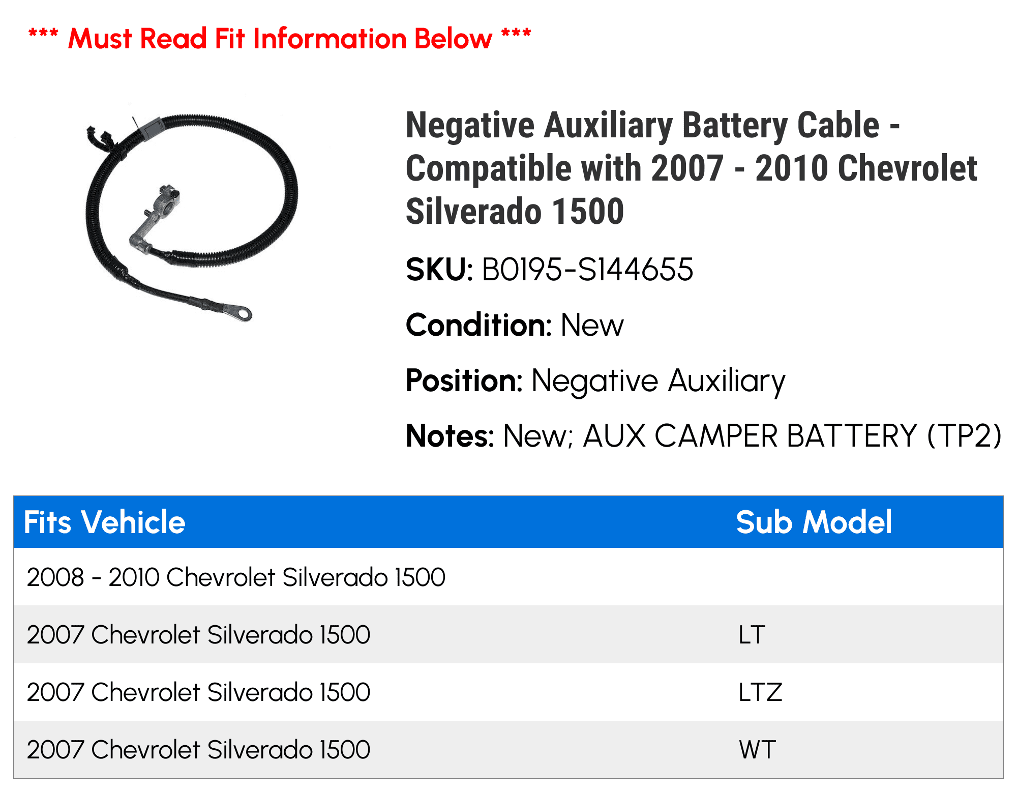 Negative Auxiliary Battery Cable - Compatible with 2007 - 2010 Chevy  Silverado 1500 2008 2009 - Walmart.com, image size:2000x1557