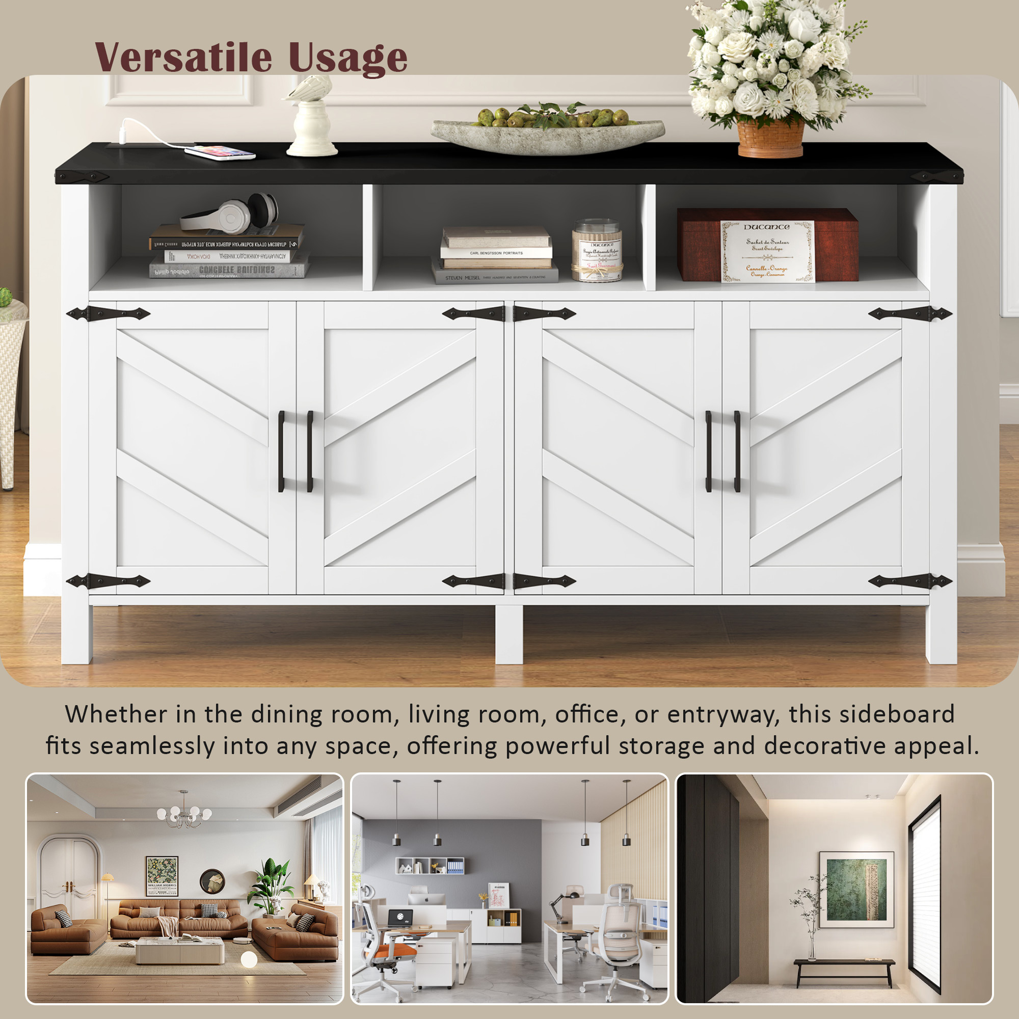 Euroco 59" Large Sideboard Buffet Cabinet with Storage, Wood Coffee Bar Station with Charging Station,Adjustable Shelves and Open Storage Shef for Living Room,Dining Room,White