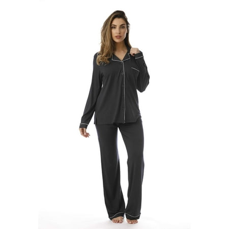 

#FollowMe Button Down Pajama Pant Set with Notch Collar (Black / Cream Rayon Spandex X-Large)