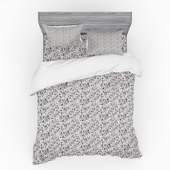 Floral Duvet Cover Set, Ornamental Twigs and Leaves Scattered Botanical Garden Artwork, Bedding Set with Shams and Fitted Sheet, 3 Sizes, by Ambesonne