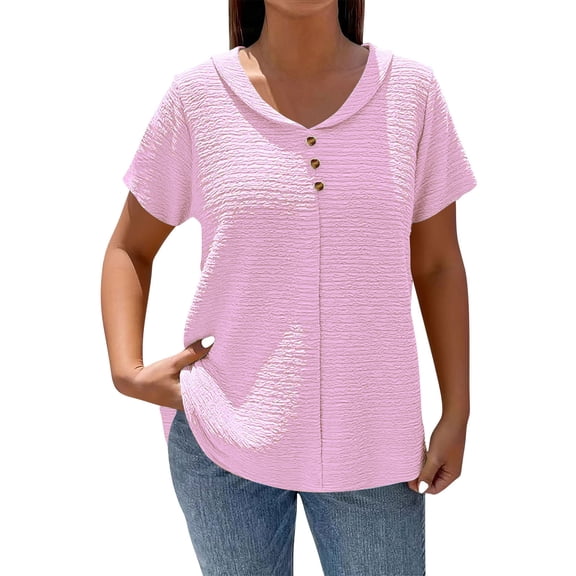 Yievot Women's Textured Short Sleeve Blouse Crewneck Button Down Tunic Top Casual Summer Shirt