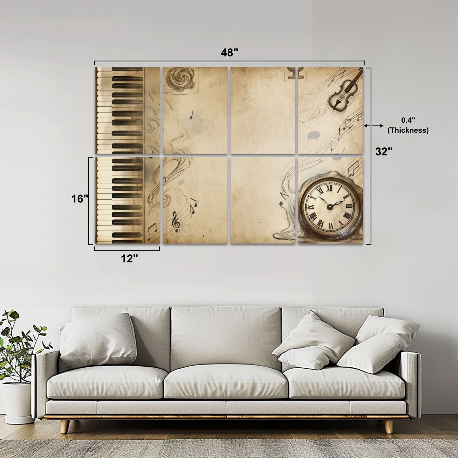 Musical 8 Pack Art Acoustic Panels Sound Absorbing Vintage Musical Piano Keys Violin Sheet Music Clock Sepia Decorative Soundproof Wall Panels Self Adhesive for Game Room Music Classroom 48"x32"