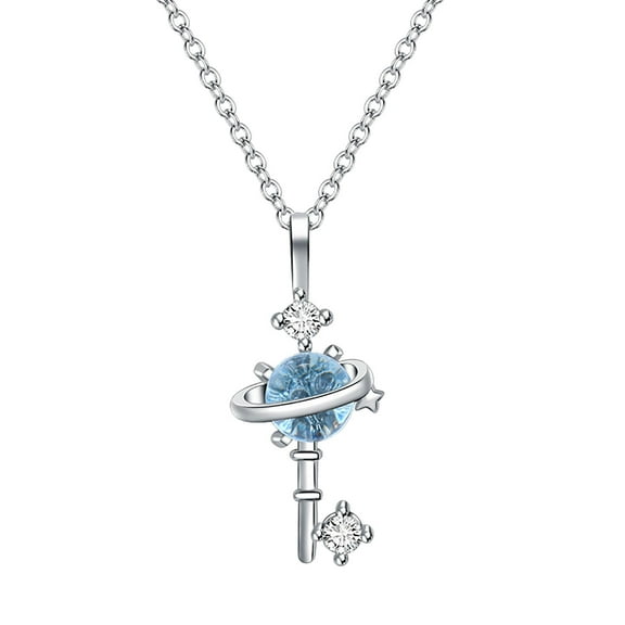 Guodhu Necklace for Women Birthstone Key Necklace Blue Crystal Planet Star Charm Pendant Christmas Jewelry for Women Wedding Anniversary Choker