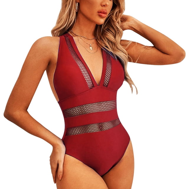 Mujeres traje de baño Deep V Masajeadores cuello cruzando Correas espalda malla empalme una pieza con almohadillas pecho rojo XL