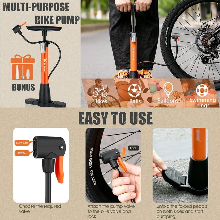 West Biking Bicycle Pump with Schrader and Woods Valve 120 Psi Portable  Foot Air Pump