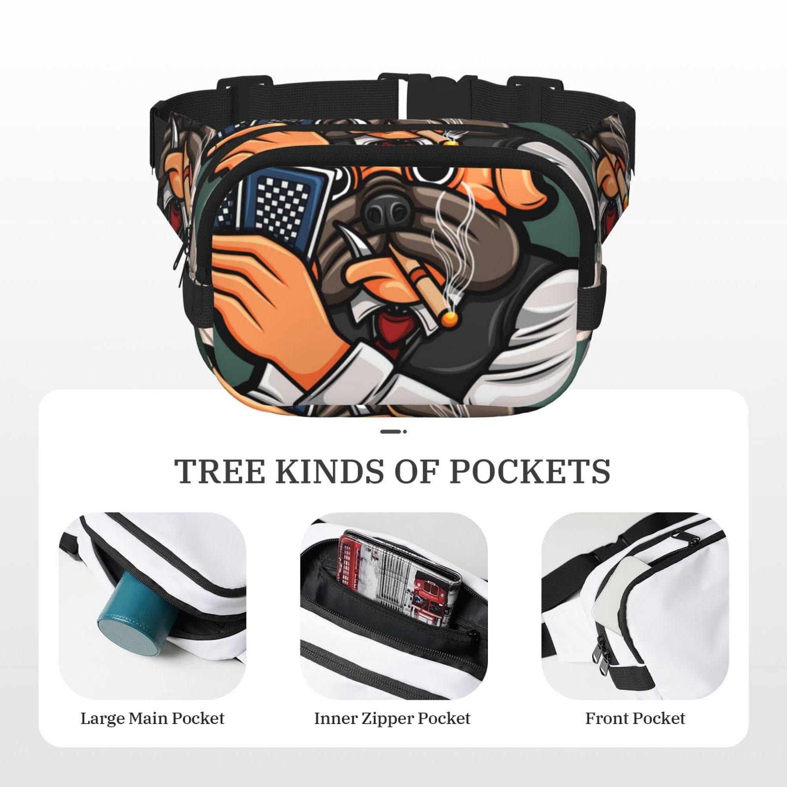 Picia Pug Dog Print Square Double-Layer Waist Bag Mini Adjustable Waist Belt Bag Exercise Running Travel Hiking