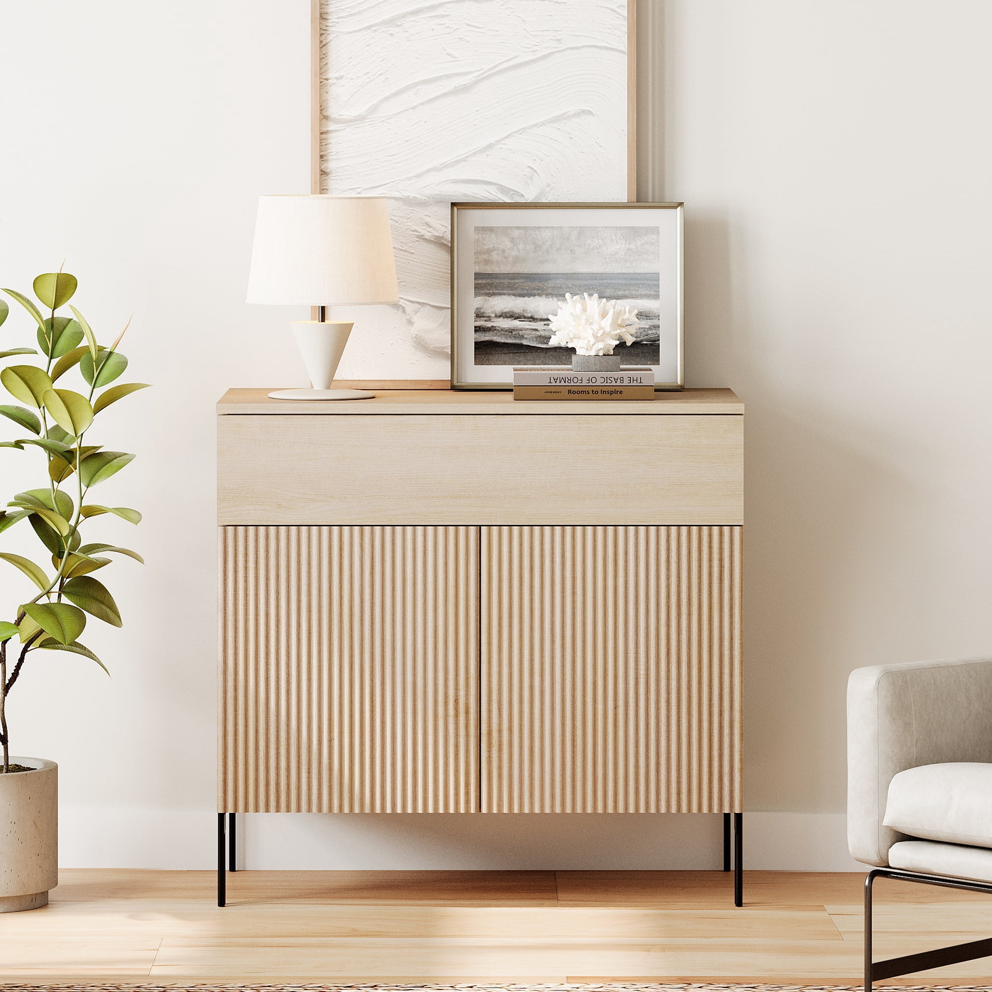 31.5" Wooden Reeded Sideboard with Doors and Drawer, Modern Credenza Storage Cabinet for Kitchen, Dining Room