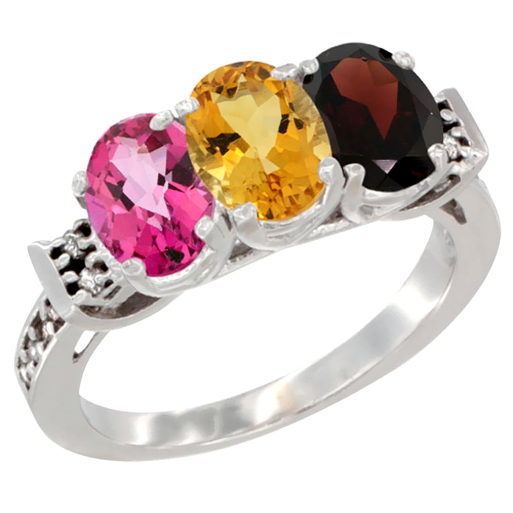 10K White Gold Natural Pink Topaz, Citrine & Garnet Ring 3-Stone Oval 7x5 mm Diamond Accent, sizes 5 10 by WorldJewels