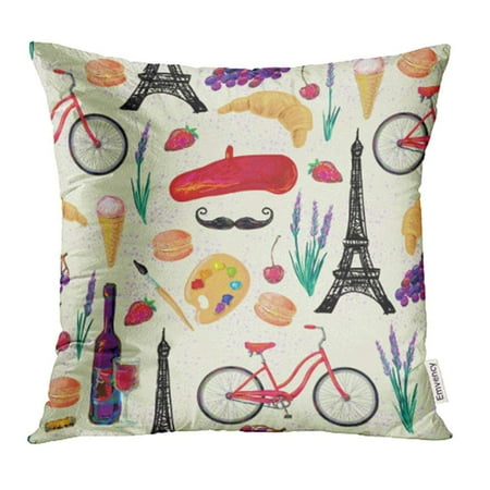Hat Wine Bottle - YWOTA Paris French Food with Eiffel Tower Hat Mustache Wine Glass Grapes Bottle of Pillow Cases Cushion Cover 20x20 inch