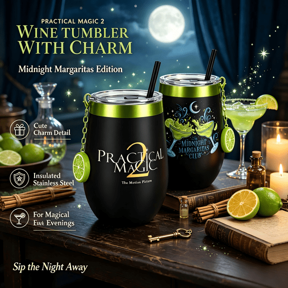 Practical Magic 2 Wine Tumbler With Charm, Insulated Stainless Steel Cup with Lid, Straw & Lime Charm, Midnight Margaritas Club Travel Tumbler, for Movie Night Party Gift