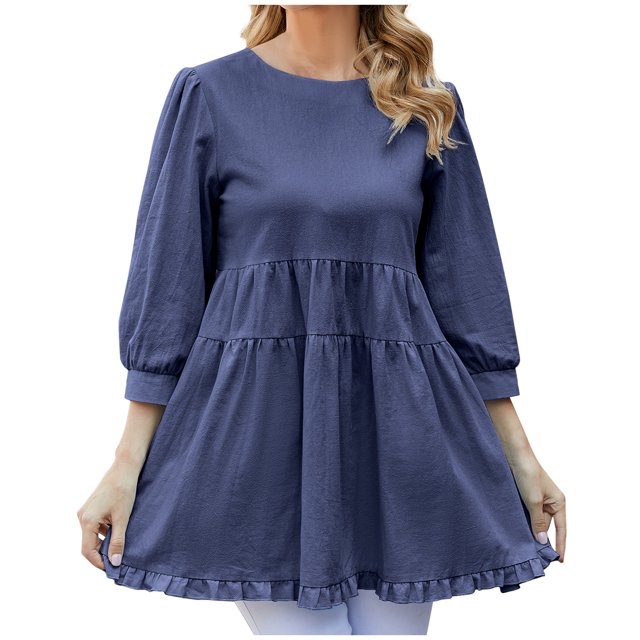 Pompotops Spring Women's Wear Solid Color Round Neck Seven Point Sleeve Large Swing Loose Casual Top