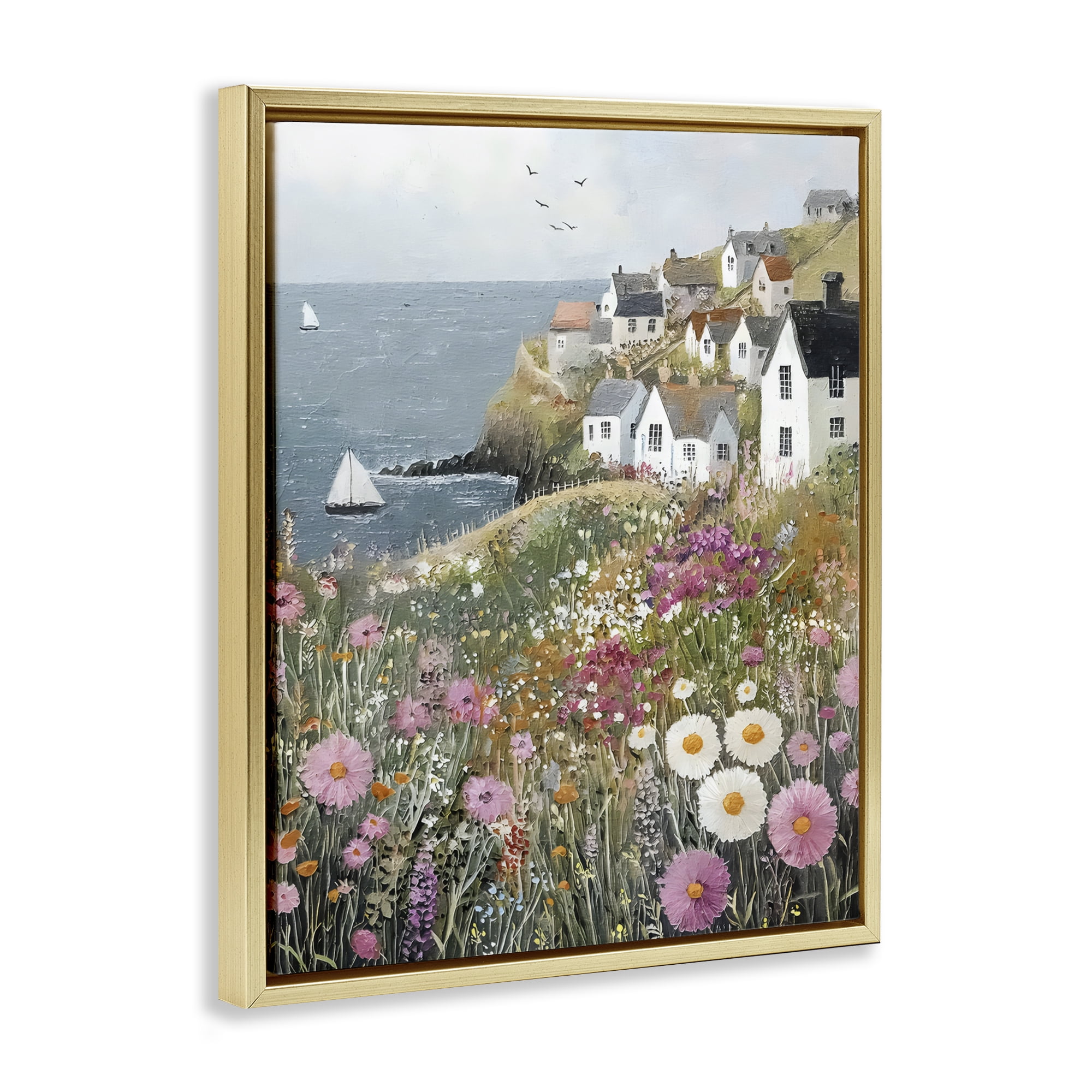 Stupell Industries Pink Meadow Overlooking Sailboats Gold Framed Floater Canvas Wall Art, design by Riley B