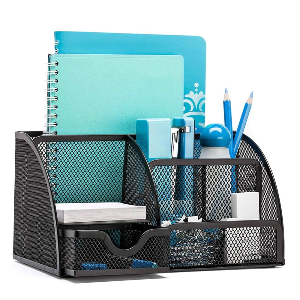 Mesh Desk Organizer Office Desktop Organizer with Drawer, Metal Pen Organizer Black, 6 Compartments, 1 Pack