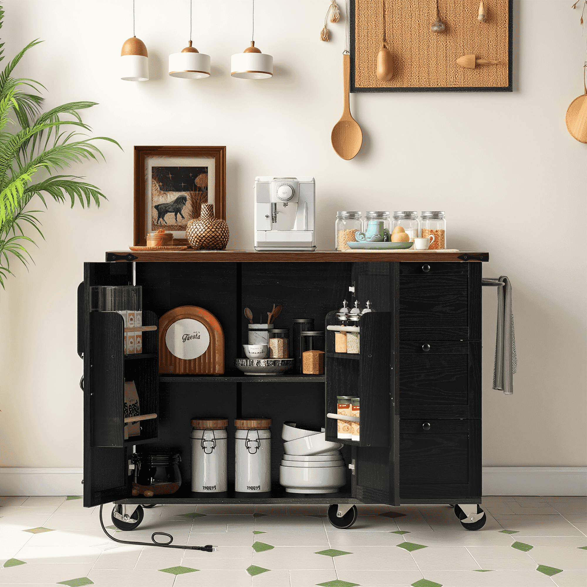MAYEERTY 54.5" Farmhouse Rolling Kitchen Island with Power Outlet for Kitchen & Dining Room, Black