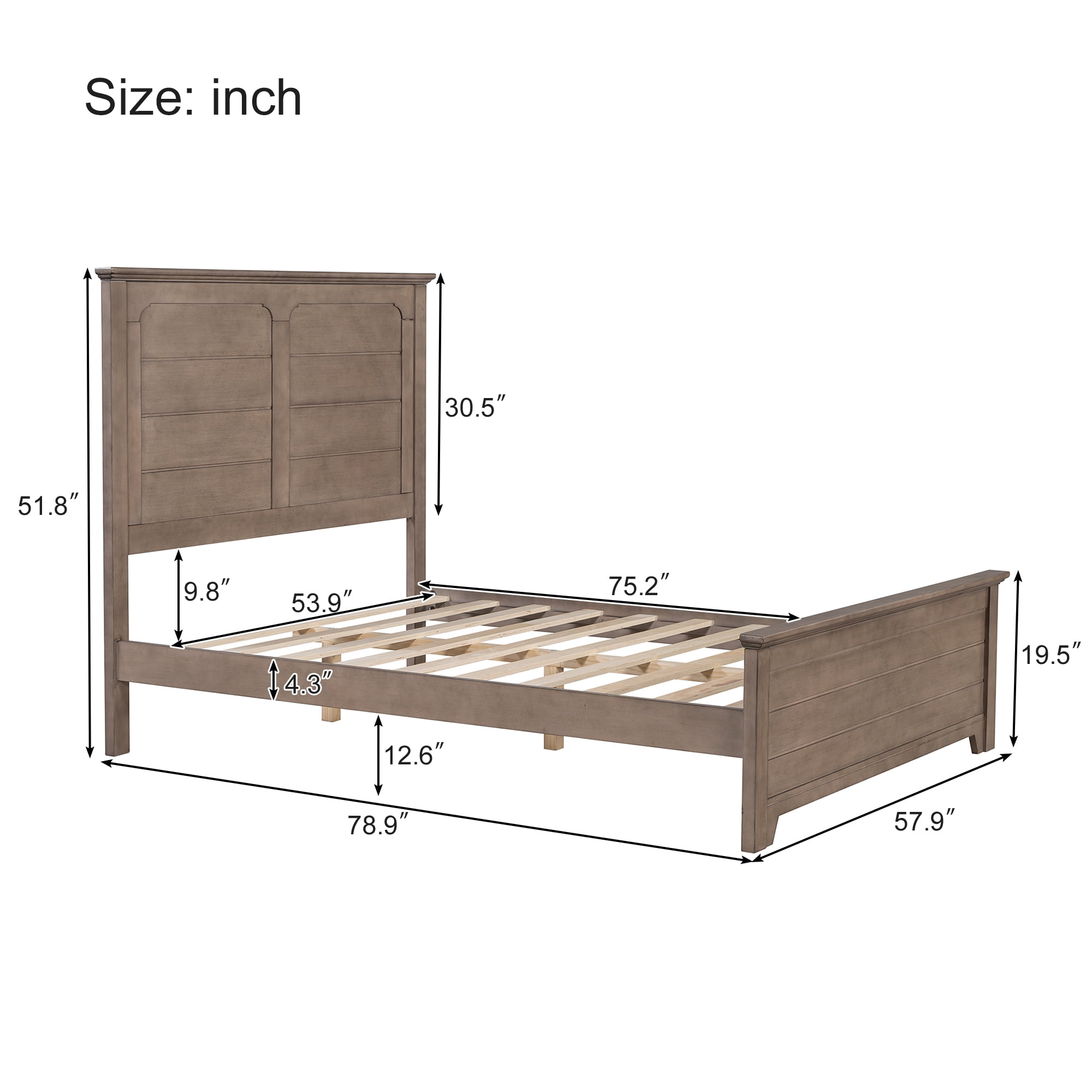Miniyam Full Size Farmhouse Wooden Platform Bed with High Headboard and Footboard, Ash Brown