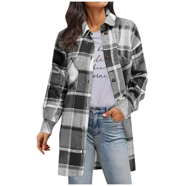 HongQid Womens Plaid Shacket Jacket Fall Spring Fashion Long Sleeve Button Up Flannel Shirt Clothing