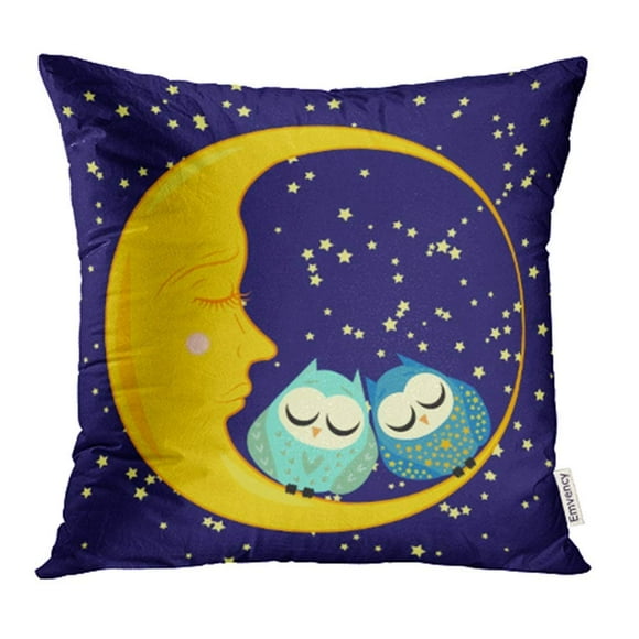 EREHome Cute Cartoon Sleeping Owl in Circles Closed Eyes Sits on Drowsy Crescent Among Pillowcase Cushion Cover 16x16 inch