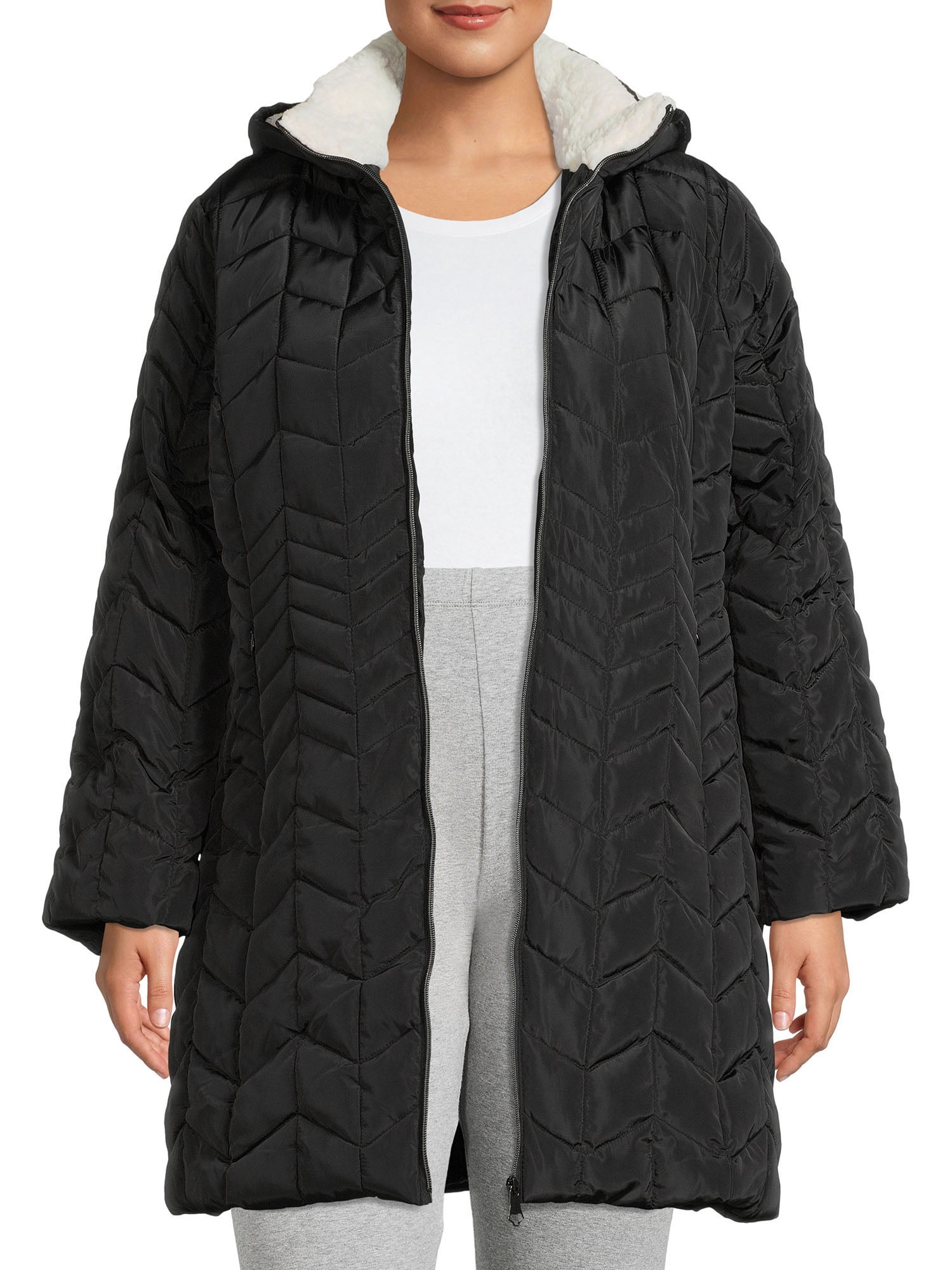 Faux Sherpa Hood Puffer Coat - Walmart 
