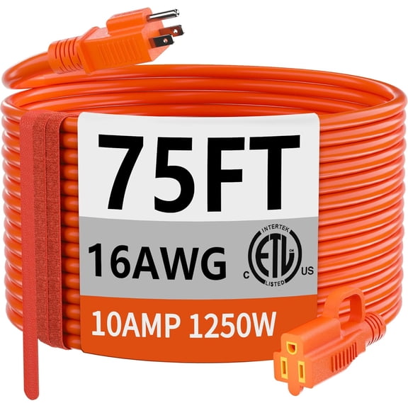 75 Foot 16/3 Gauge Outdoor Extension Cord Waterproof, Flexible Cold-Resistant Appliance Extension Cable Outside, 10A 1250W 16AWG SJTW, 3 Prong Heavy Duty Electric Cord Orange, ETL
