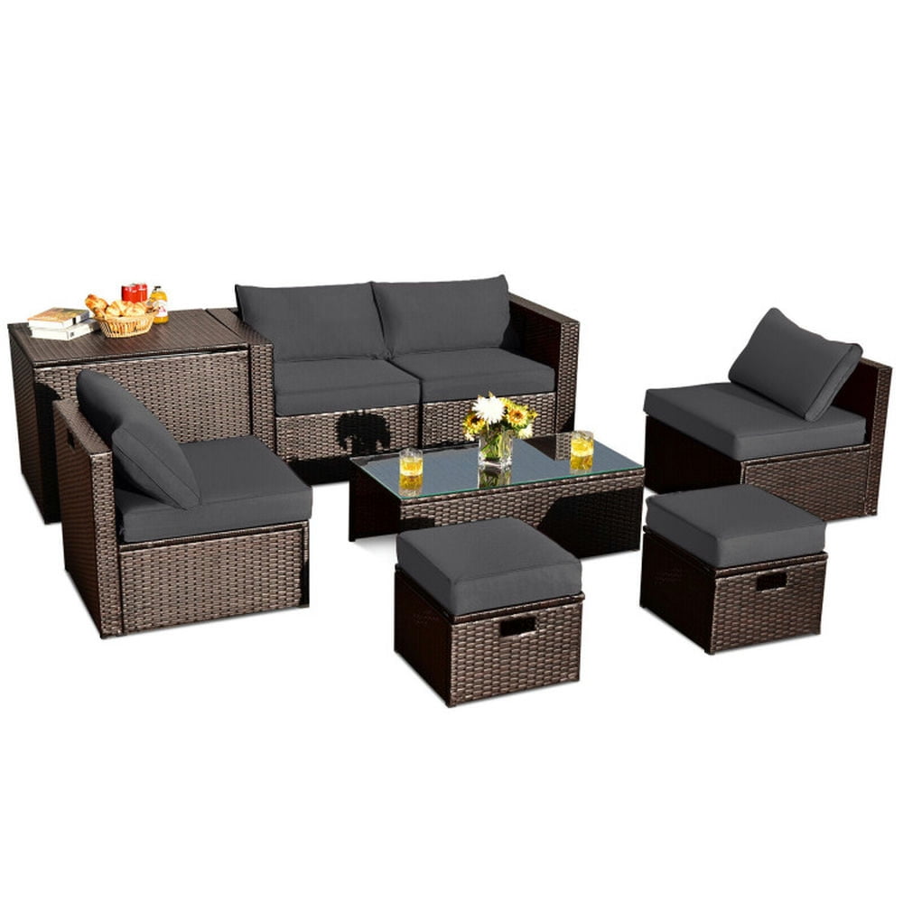 GVN Outdoor Furniture Sets, Outdoor Conversation Set,8 Pieces Patio Space-Saving Rattan Furniture Set with Storage Box and Waterproof Cover-Gray GVN Outdoor Furniture Sets, Outdoor Conversation Set,8 Pieces Patio Space-Saving Rattan Furniture Set with Storage Box and Waterproof Cover-Gray