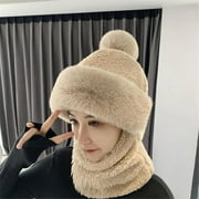 Women Cycling Windproof Ear Protection Plush Velvet Hats Hat Scarf Set Beanies Hat Neck Warmer KHAKI
