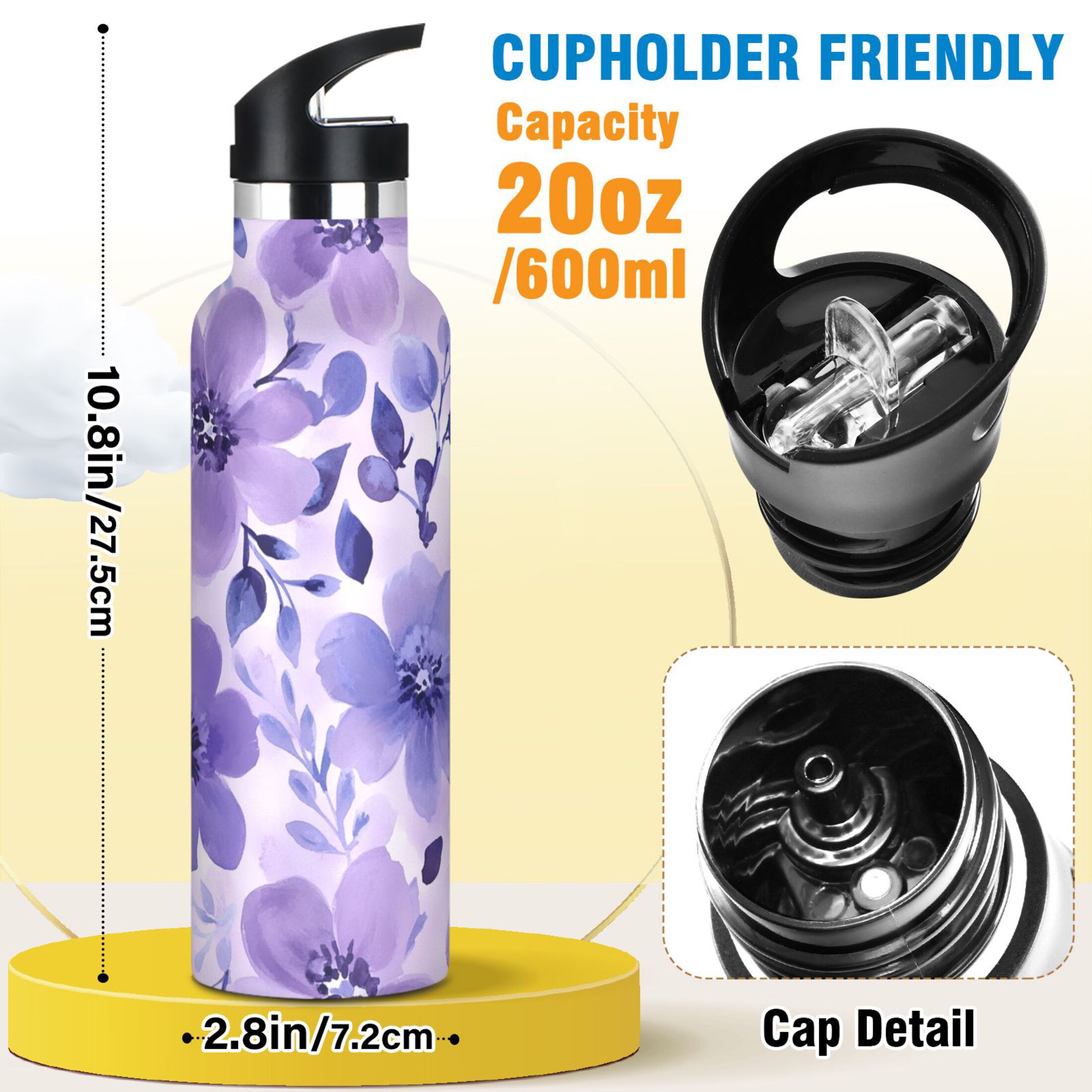 600ML Stainless Steel Insulated Cup Sports Water Bottle Portable Thermos Cup Water Glasses Insulated Tumblers Convenient and Durable Vibrant Purple Flowers