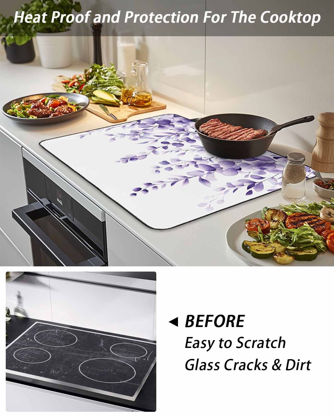 Stove Top Covers for Electric Stove, Purple Eucalyptus Glass Stovetop Cover Protector, Botanical Plant Rustic Branch Floral Induction Cooktop Protector Oven Mat for Kitchen Countertop 36"x21"