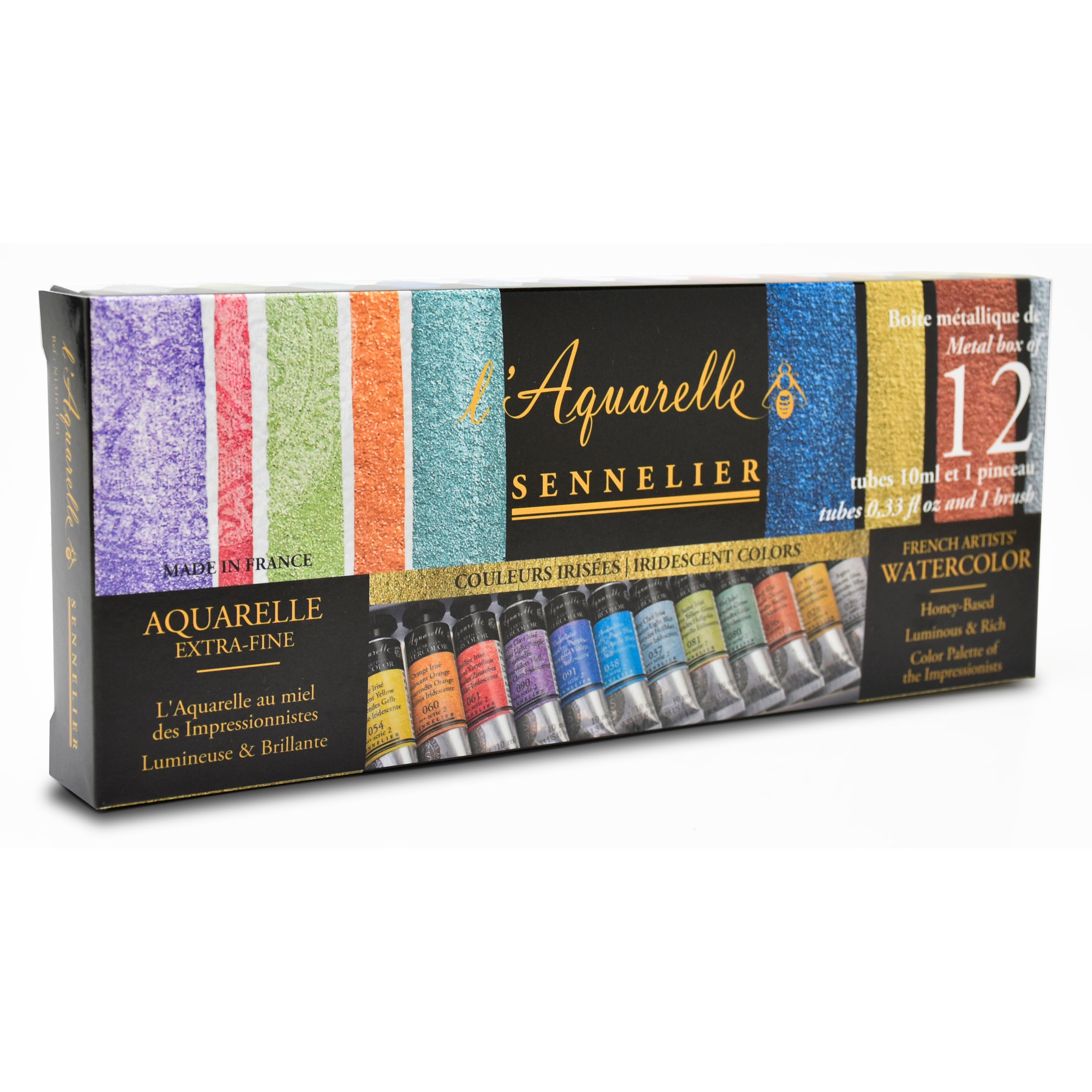 Sennelier French Artists' Watercolor Set - Set of 12, Metal Case, Iridescent, 10 ml