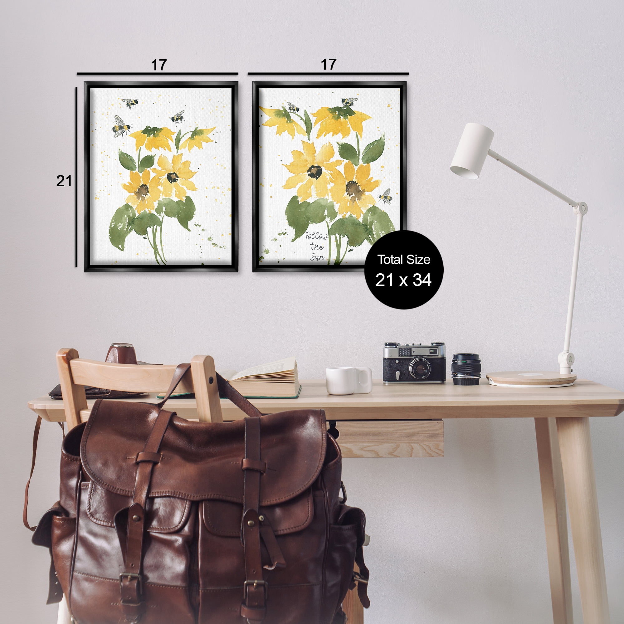 Stupell Industries Follow the Sun Flowers Plants & Flowers Painting Black Floater Framed Canvas Art Print Wall Art, 17 x 21, Set of 2