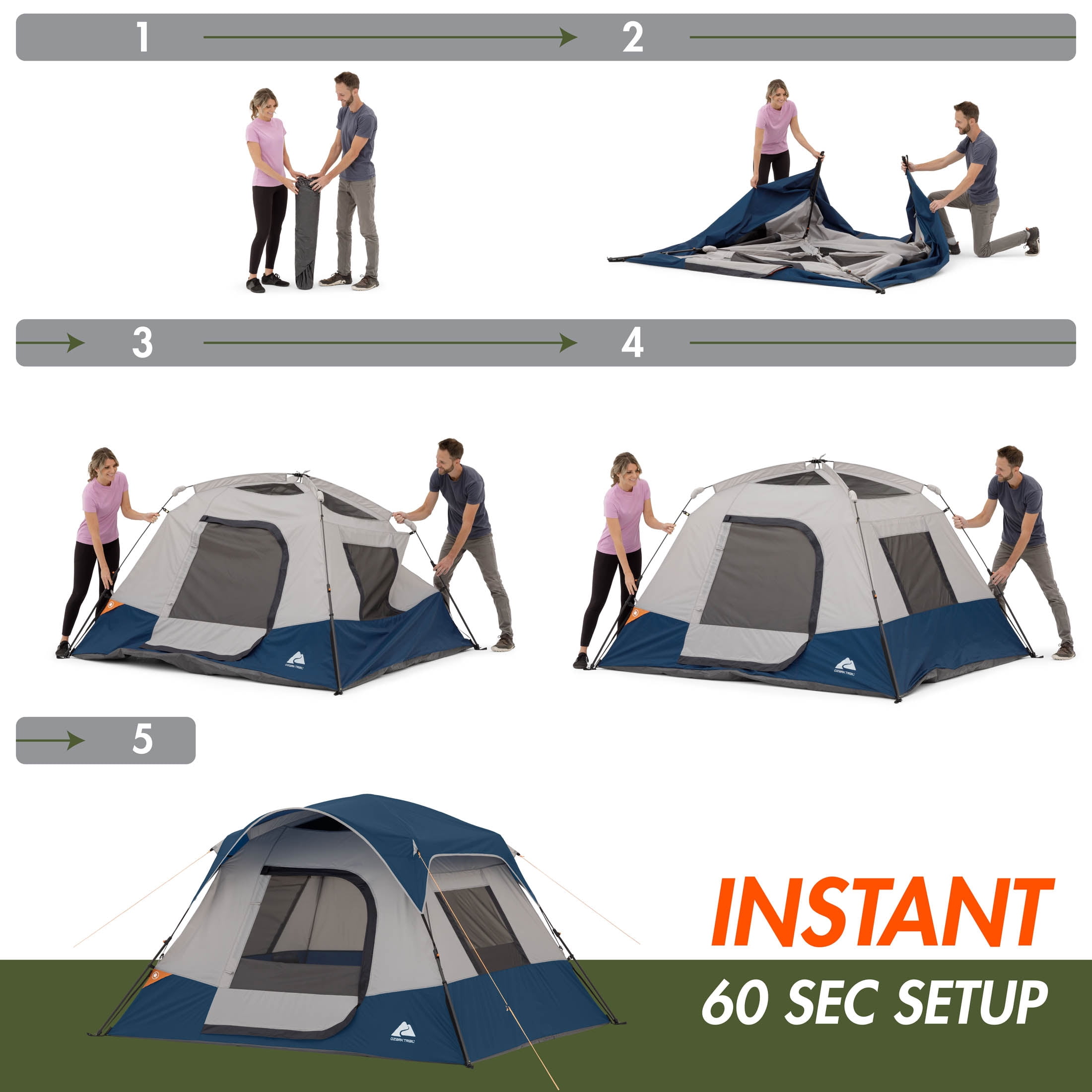 Ozark Trail 4 Person Family Instant Cabin Tent, 8' x 7' x 54", made with recycled materials, blue