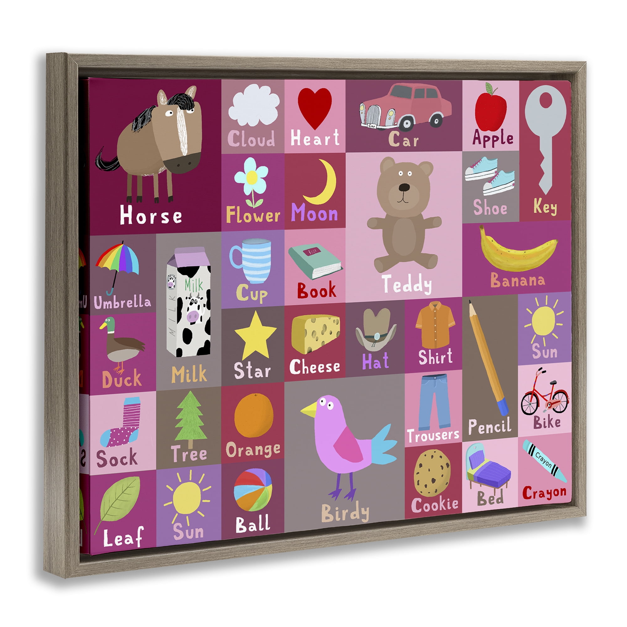 Stupell Industries Pink First Words Brown Framed Floater Canvas Wall Art, design by Carla Daly