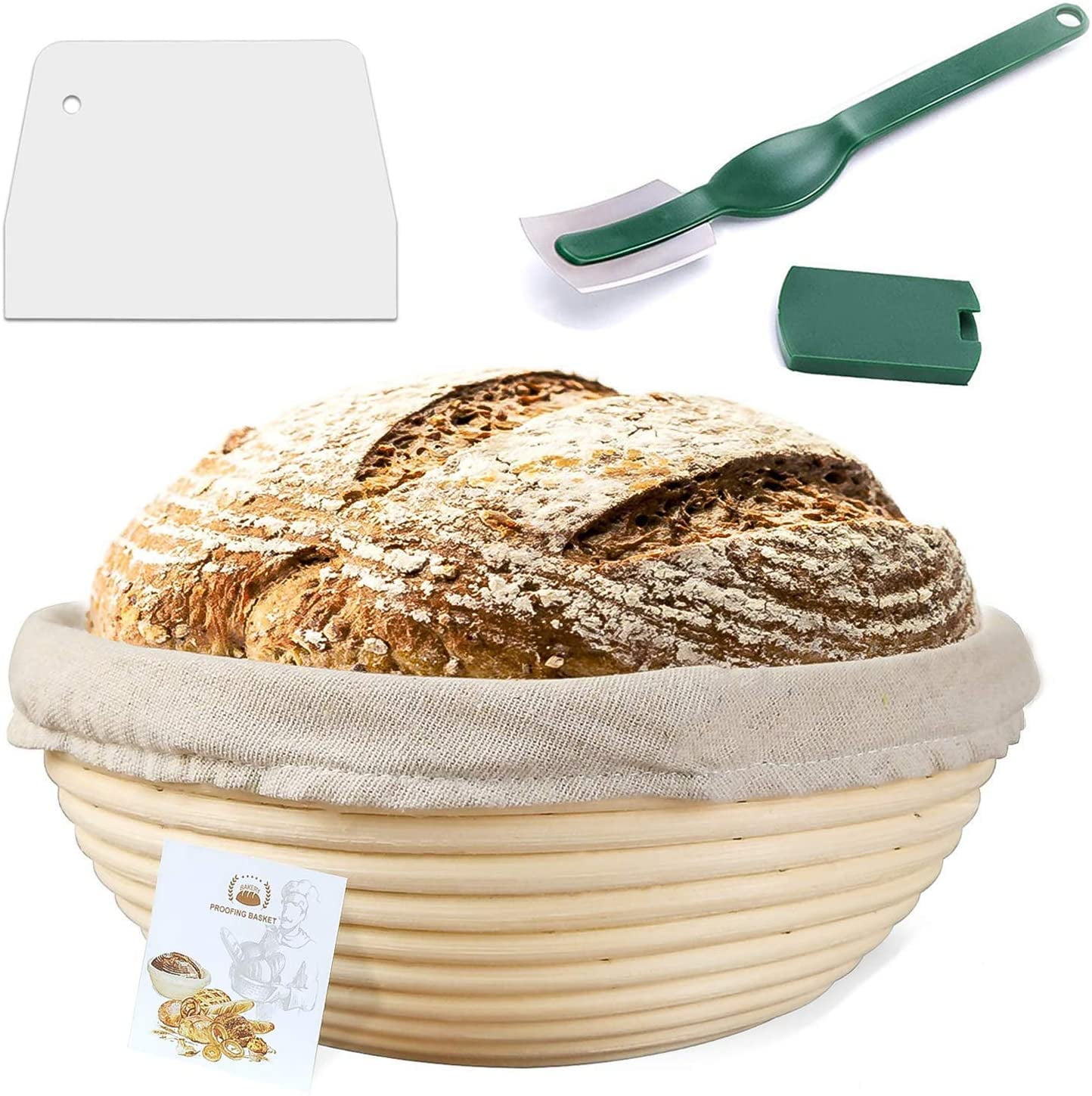 Brotform Dough Rising Rattan Handmade Rattan Bowl 2 pack of 10 inch Sourdough Bread Bakery Basket with Green Scraper,Oval Bread Banneton Proofing Basket with Linen Liner Cloth 