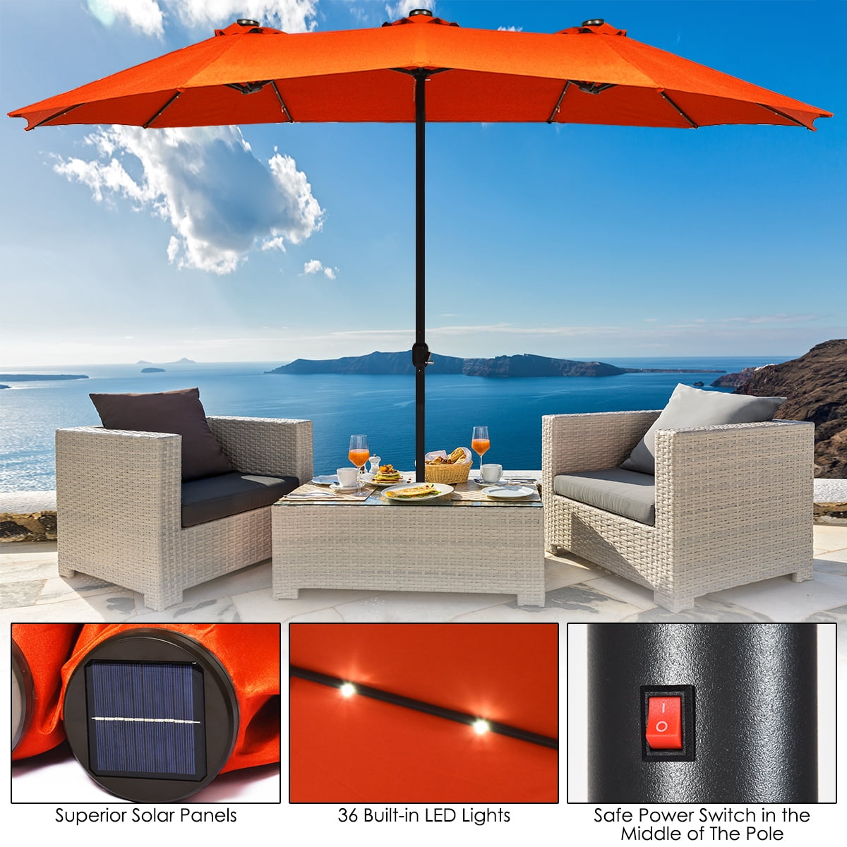 Costway 15' Orange Rectangle Market Patio Umbrella, Solar Powered, Crank, Water-Resistant
